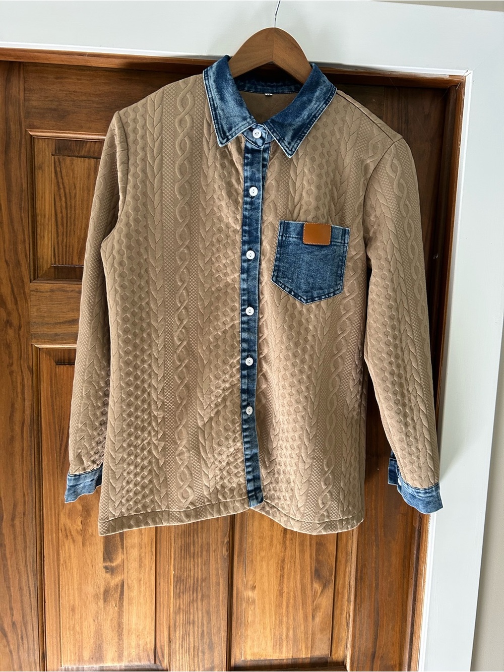 Tan Quilted Jacket with Blue Denim Trim for Women